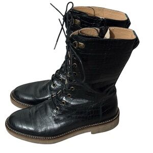 Kickers Boots Black Leather OXMAX Croc Embossed Lace Up Size 38 US 8